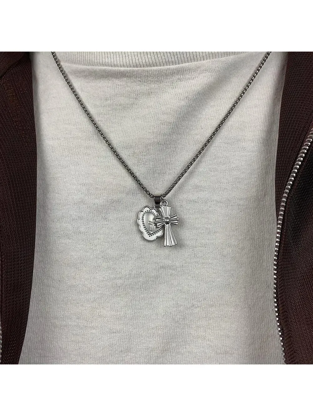 Y2k grunge style Silver stainless steel gothic cross and heart shaped pendant